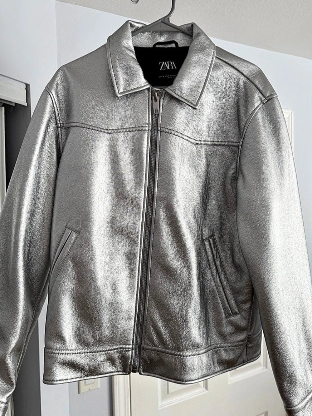 Zara Metallic Silver Faux Leather Bomber Jacket Size